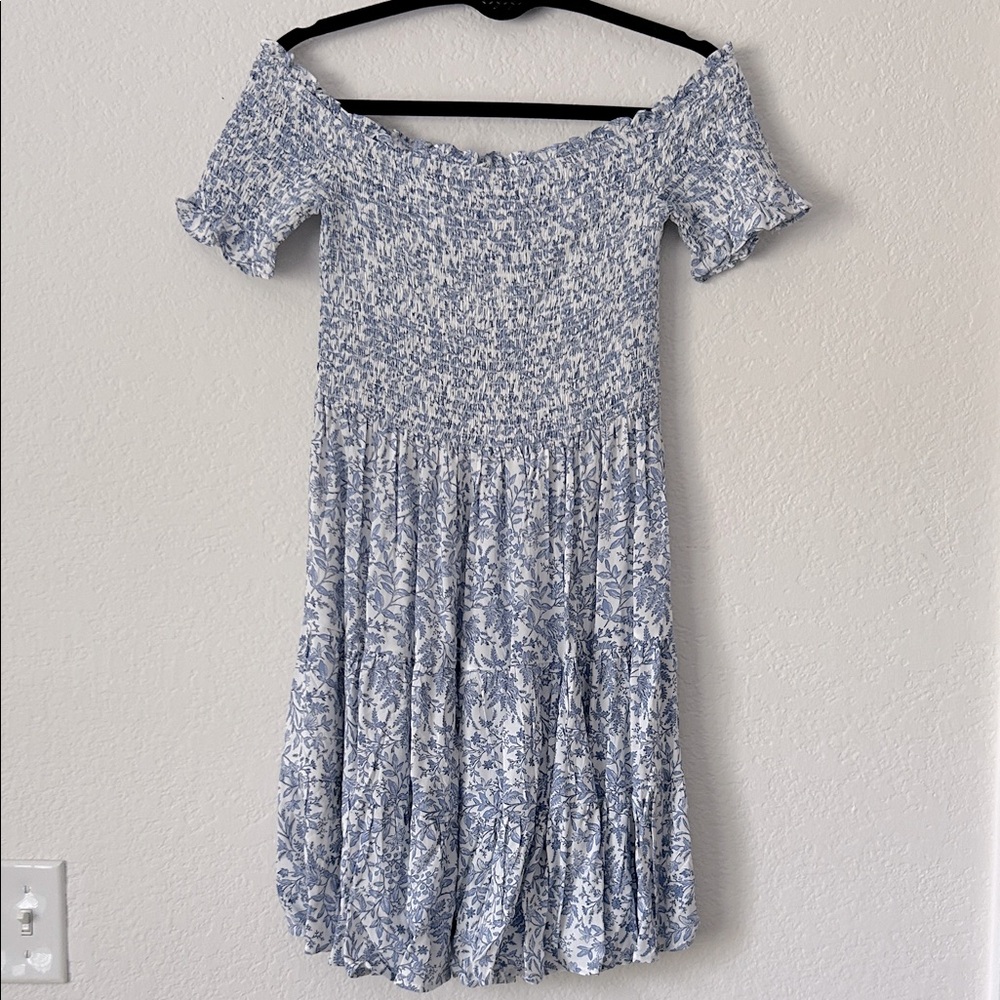 Altar’d State Medium Blue Floral Ruched Off-Shoulder Dress